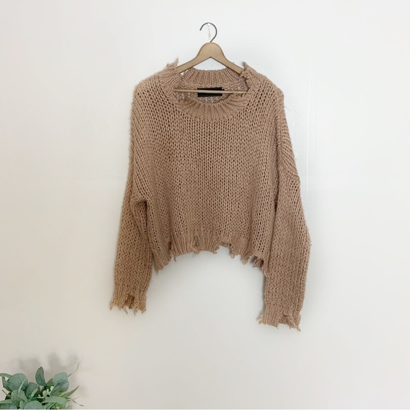 [Akira Chicago] Camel Tan Distressed Pullover Long Sleeve Knit Sweater - Picture 1 of 8